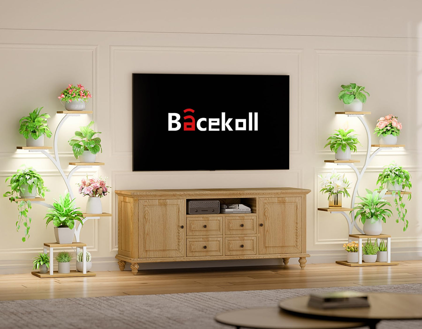BACEKOLL Plant Stand Indoor with Grow Lights, 7 Tiered Indoor Plant Shelf, 49" Corner Plant Stands for Indoor Plants, Metal Plant Flower Display Shelf, Tree-Shaped Plant Rack for Home, Patio, Natural