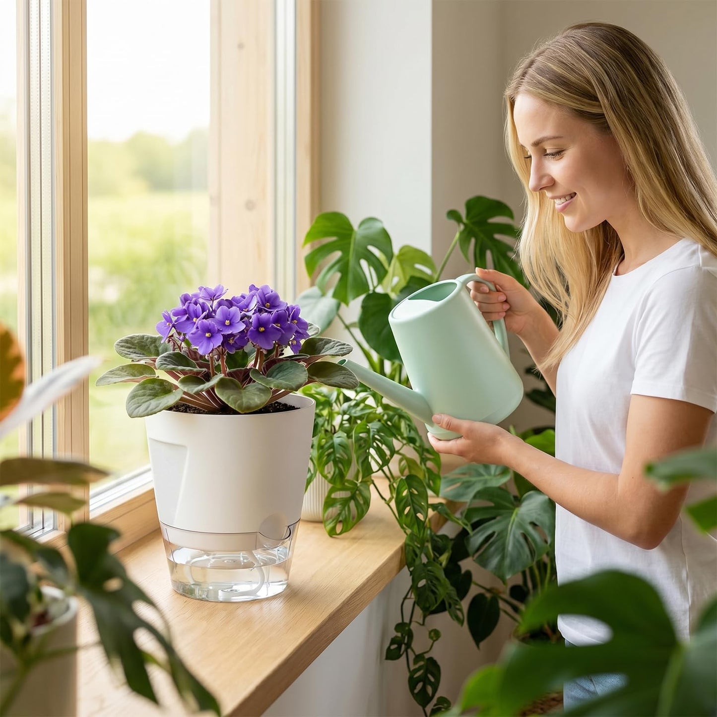 Hayder 5/6/7 Inch Self Watering Pots for Indoor Outdoor Plants 6 Pack, Plastic Planter with Drainage Holes, Water Level Indicator & Deep Clear Reservoir, Modern Decorative Flower Pots