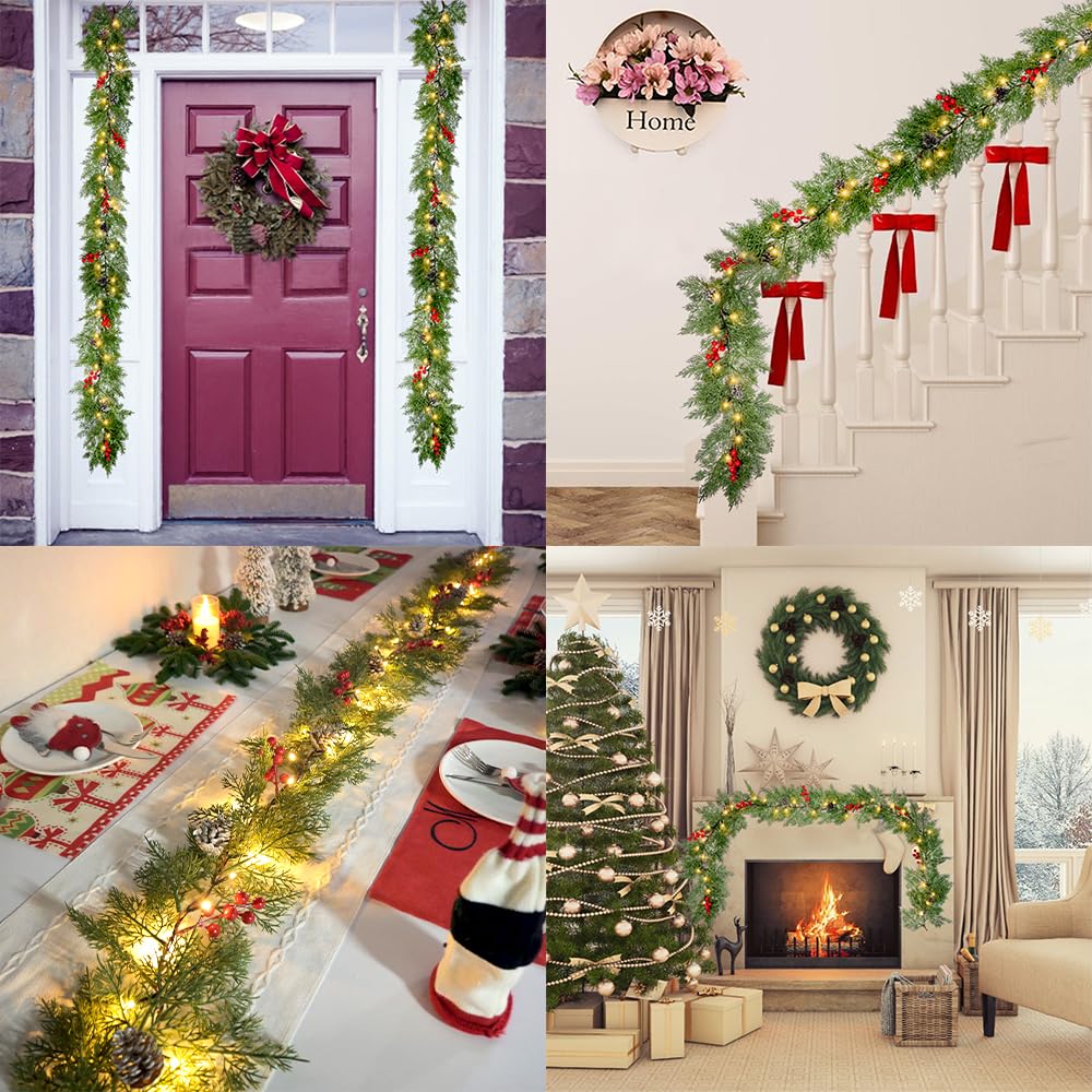 Christmas Garland Lights 6.56FT 40 LED Battery Operated Lighted Garlands with Timer Red Berry Pinecone Cypress Pine Garlands Wreath Christmas Decor for Mantel Stairs Porch Indoor Outdoor Home Decor