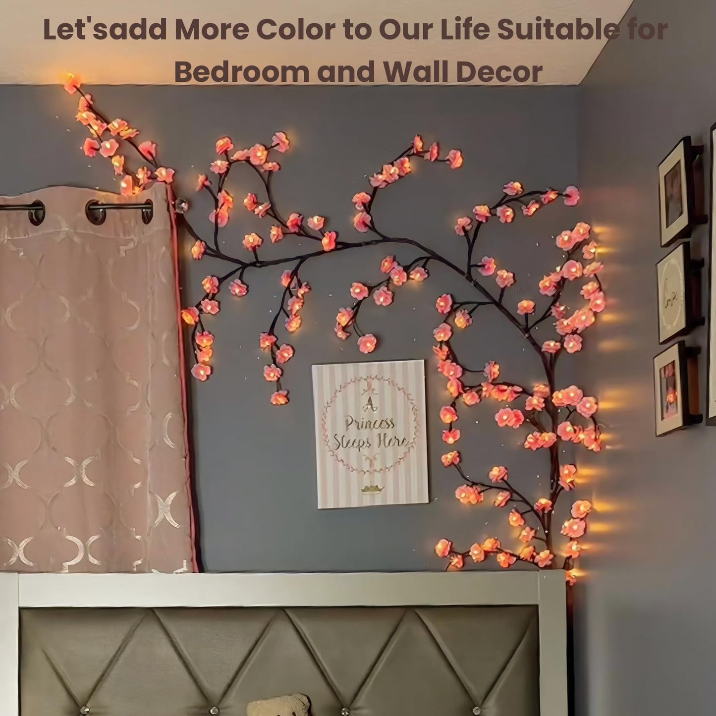 Cherry Blossom Tree Branch Lights for Wall,Cherry Enchanted Willow Vine Lights,with 48 LED and 8 Lighting Modes,Remote Timer,for Bedroom Wall Doors Windows Wedding Christmas Holiday (47inch)