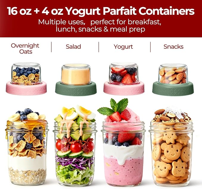 16+4oz Glass Yogurt Parfait Cups with Lids, Reusable Containers with Dry & Wet Separation, Leak-Proof for Overnight Oats, Meal Prep, Portable to Work & School, Easy Clean 2 Pack (Pink+Green)