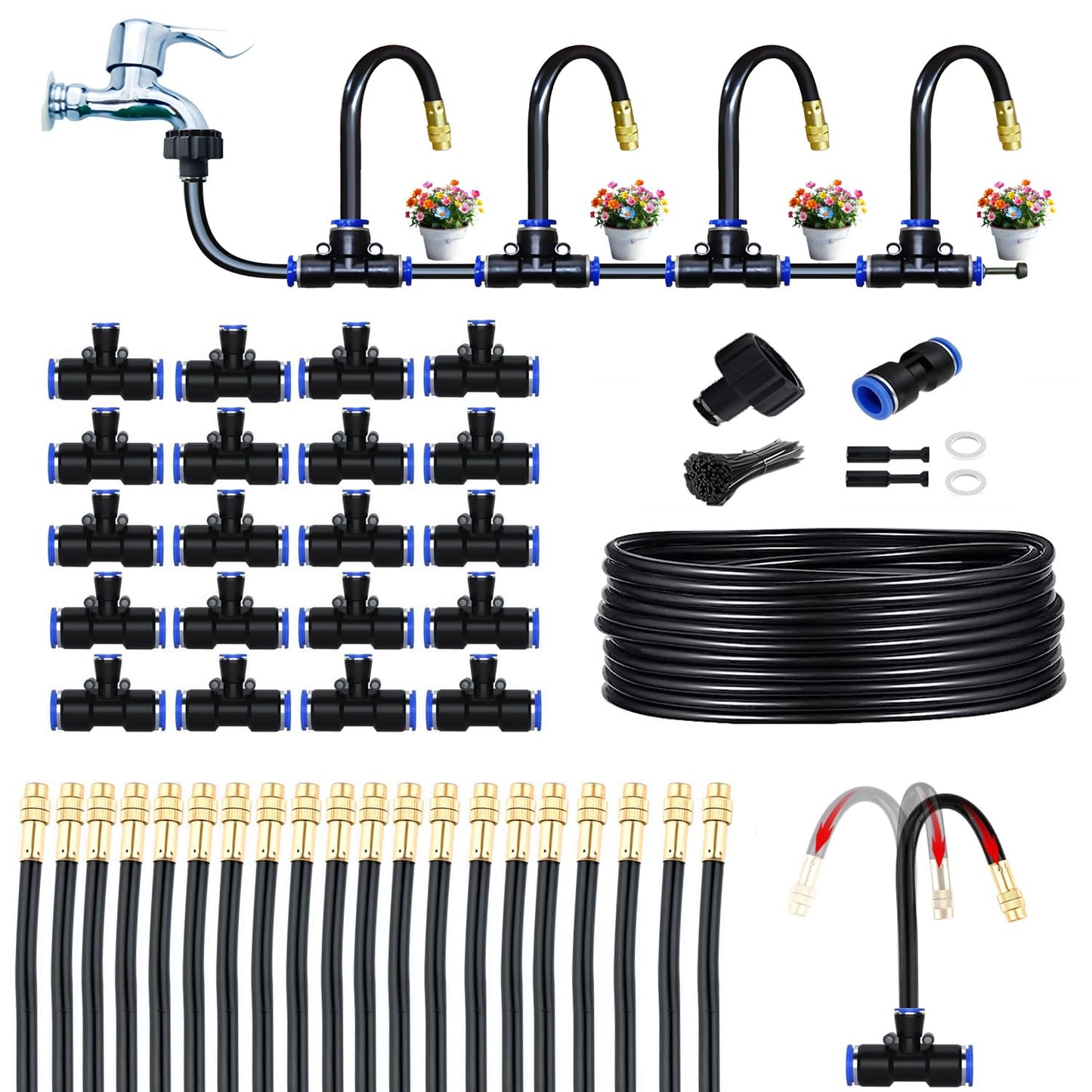65Ft 12mm Greenhouse Drip Irrigation Kit Automatic Irrigation System 360° Adjustable 20 Brass Spray Nozzles Irrigation Tubing Hose Patio Misting Plant Watering with Blank Distribution Tubing Hose
