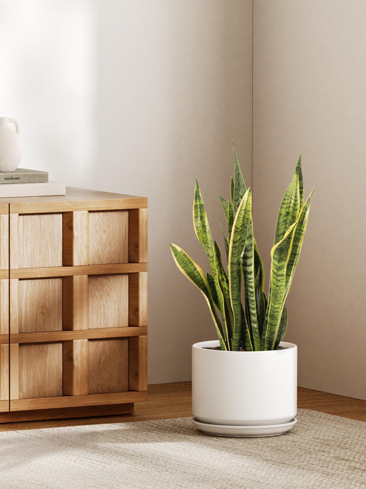 LE TAUCI Ceramic Pots for Plants, 10 Inch Plant Pot with Drainage Hole & Saucer, Sturdy & Modern Planters for Indoor Plants, Includes Mesh Screen, Fits Snake Plant & Monstera, White