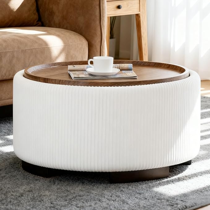 29.5 Inch Round Storage Ottoman Coffee Table, Modern Circle Coffee Table