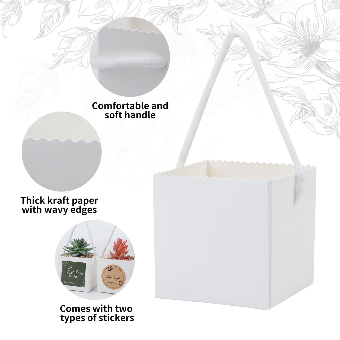 Temlum 2.5 Inch Succulent Wrap Bags (Fits 2.5″ Pots) with Thank You & Let Love Grow Stickers, Small Gift Box for Wedding, Baby Shower, Succulent Party Favors for Guests (White 100pcs)