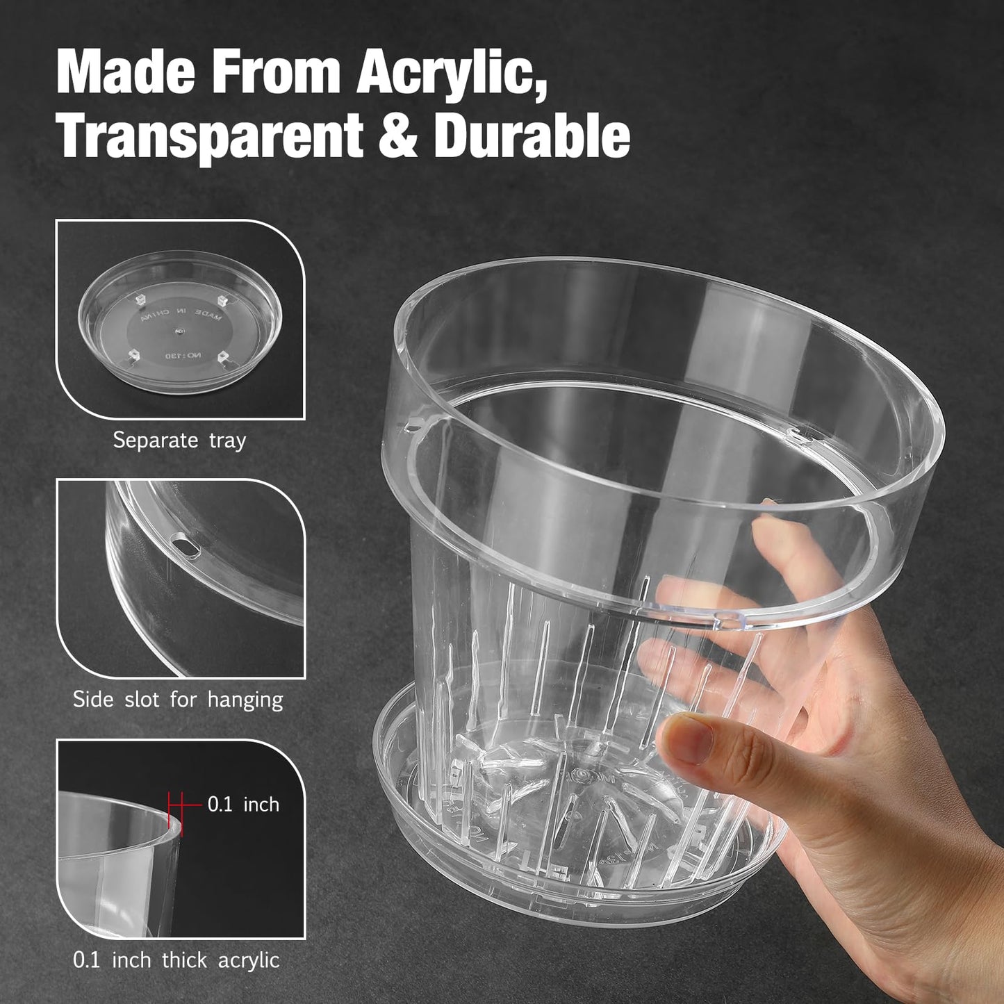 SUADEN 7.1 Inch Clear Acrylic Planter Pot with Tray,Orchid Pot with Drainage Holes,Side Holes for Hanging,Twist-Lock Saucer for Easy Moving, Transparent Containers for Indoor Plants Herbs