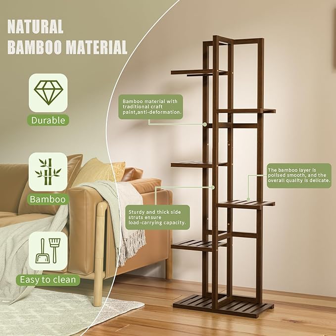 ROMGUAR CRAFT 6 Tier Bamboo Plant Stand Indoor, Wood Tall Flower Holder Corner
