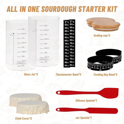Xileanalee Pro Sourdough Starter Jar Kit 2 Packs-35 Oz Sourdough Bread Starter Jar Kit with Date Marked Feeding Band,Thermometer,Spatula,Cloth Cover& Lid for Sour Dough Bread Loaf (2 Pcs)