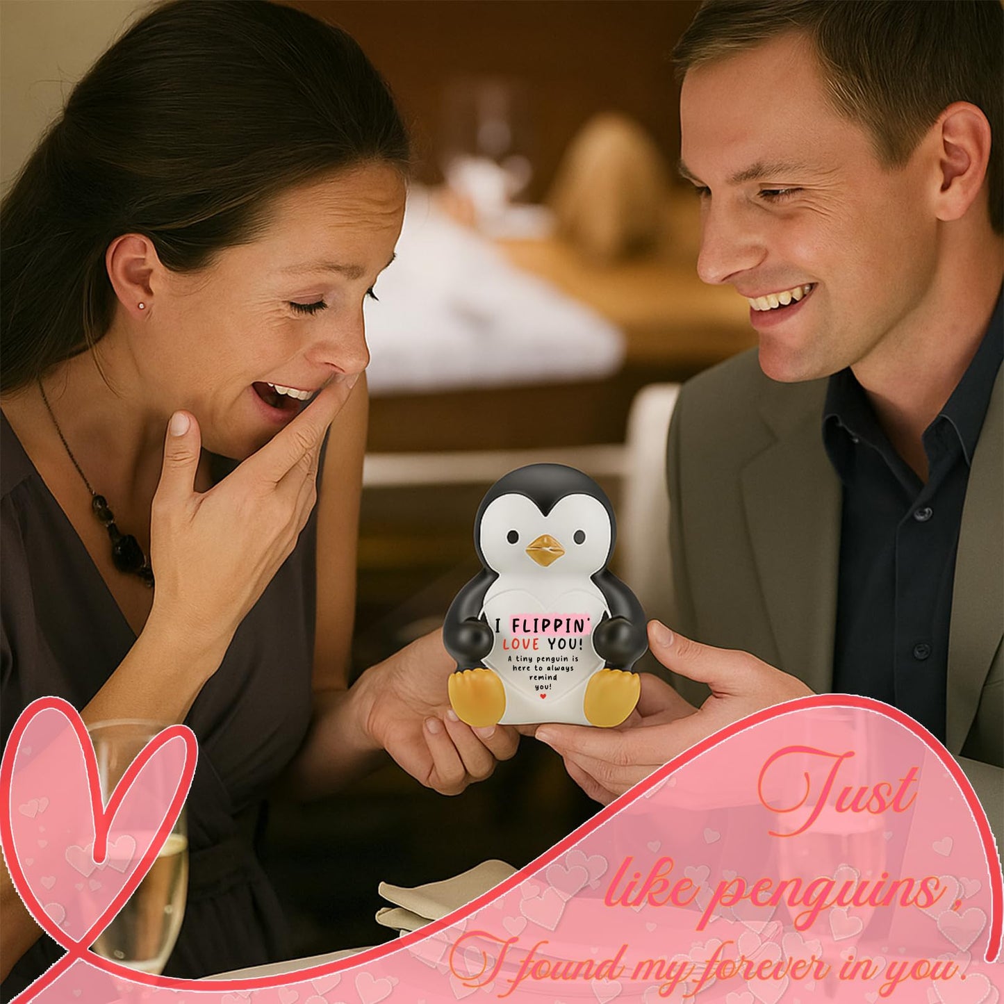 I Flippin’ Love You Penguin Figurine with Heart Plaque, Cute Penguin Collectible Desk Sign, Sentimental Gift for Friend, Family, Coworker, Birthday, Christmas, Anniversary Keepsake ES018