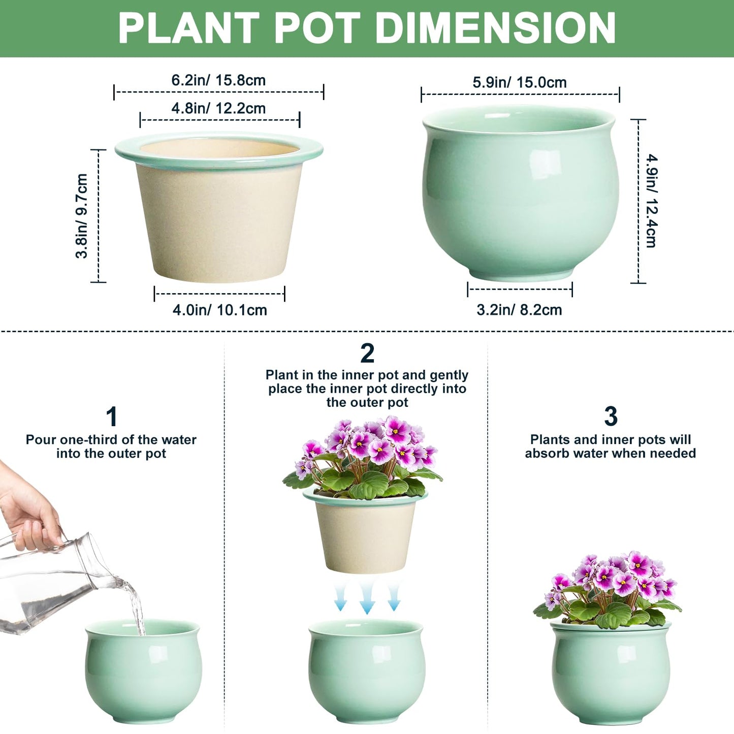 Teagas 6 Inch African Violet Pots, Ceramic Self Watering Planter with Absorbent Inner Pot, Round Pots for Indoor Plants Outdoor, Ceramic Flower Pot, Office Decor, Plant Lover Gifts, Mint Green