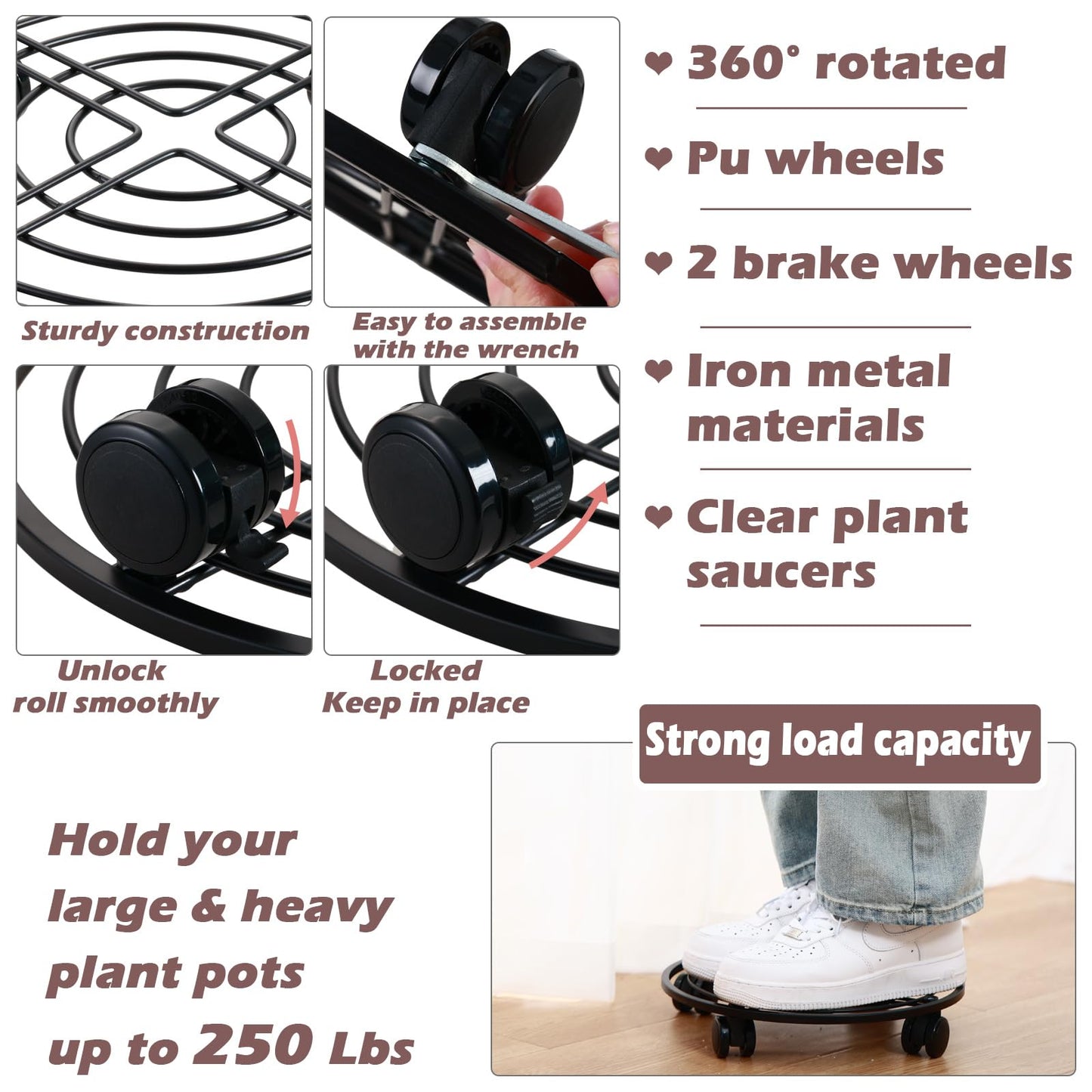 5 Packs 13.5" Metal Plant Caddy with Wheels Large Rolling Plant Stands Indoor Wheeled Plant Dolly Heavy-duty Planter Mover Roller Base Outdoor GardenTrolley Cart Water-proof, Plant Saucers on Wheels