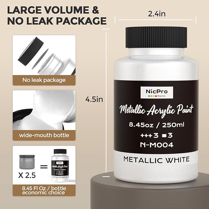 Nicpro Metallic Pearl White Acrylic Paint, 8.45oz/250ml Large Pearlescent