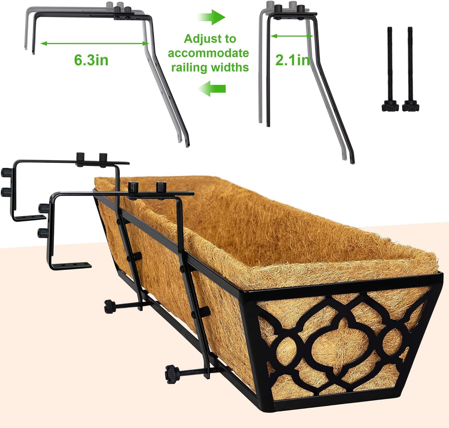 Y&M 4pcs 24 Inch Window Deck with Coconut Coir Liner, 24" Railing Planter Horse Trough Coco Basket Boxes Metal Hanging Flower Balcony for Outdoor Garden Fence Lawn