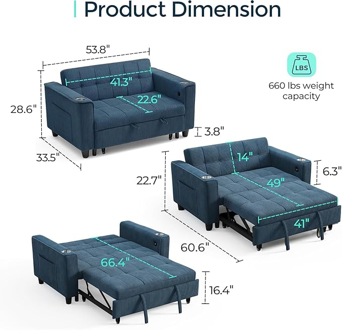 LINSY Sleeper Sofa Bed, Small 3 in 1 Convertible Loveseat Sleeper Couch