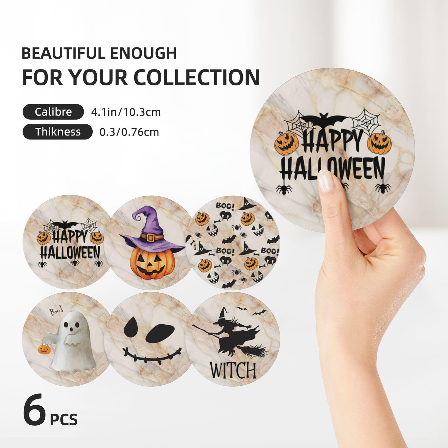 Coaster for Coffee Table Halloween Absorbent Coasters Set - Spooky, Decorative Drink Coasters for Home, Office, and Parties - 6-Pack with Holder Marble Background