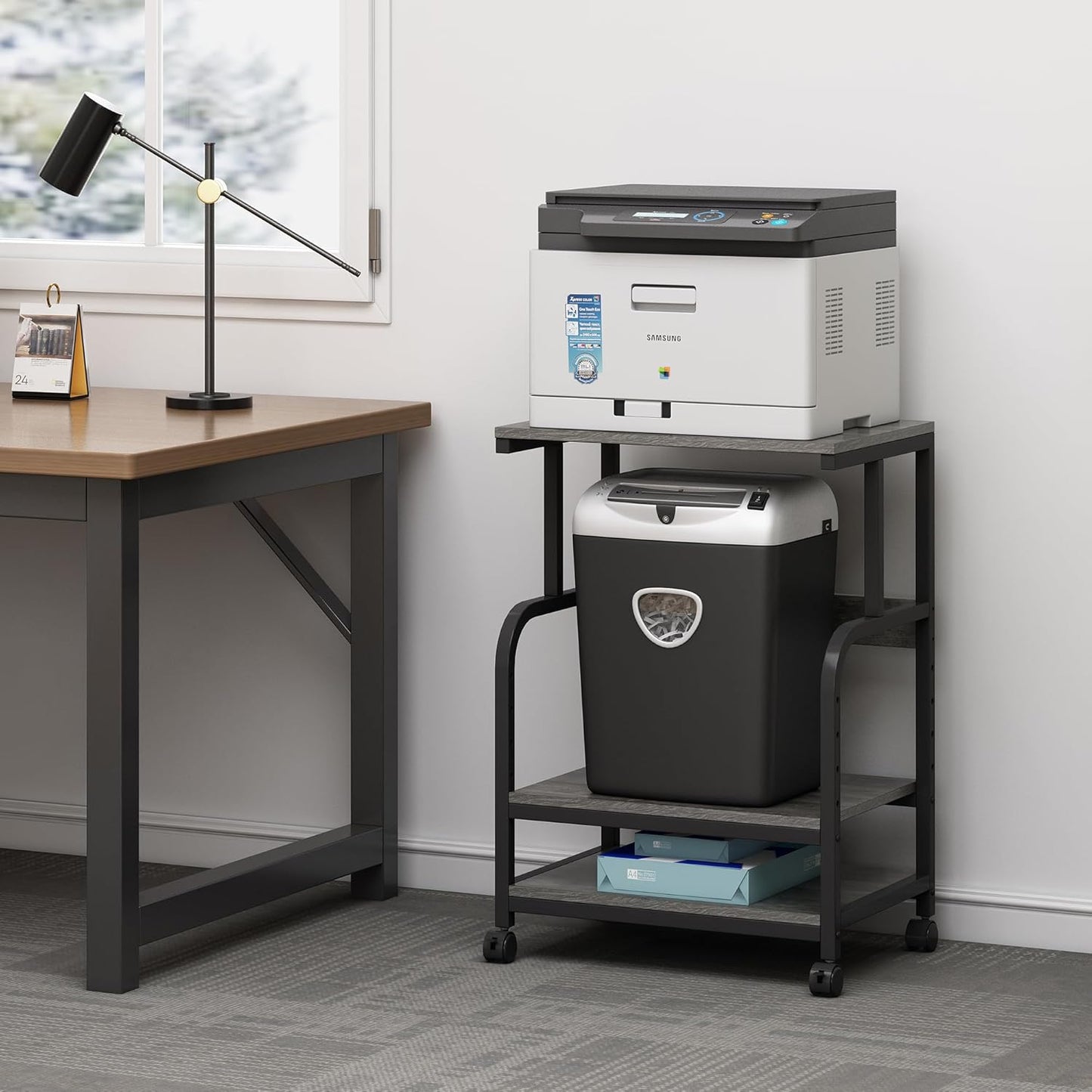 Printer Stand with Height Adjustable Storage Shelf, 3 Tier Mobile Printer Table with Wheels, Rolling Printer Cart for Home Office Organization, Gray