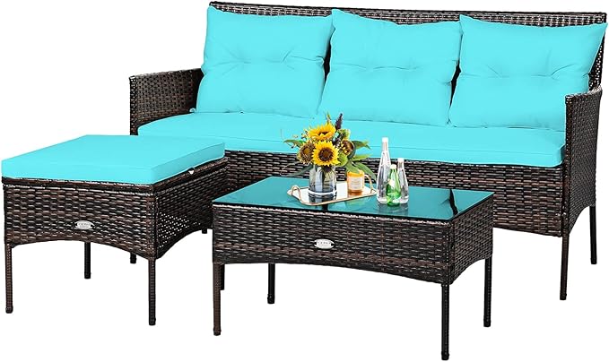 Tangkula 3 Pieces Patio Conversation Set, Outdoor PE Rattan Wicker Furniture