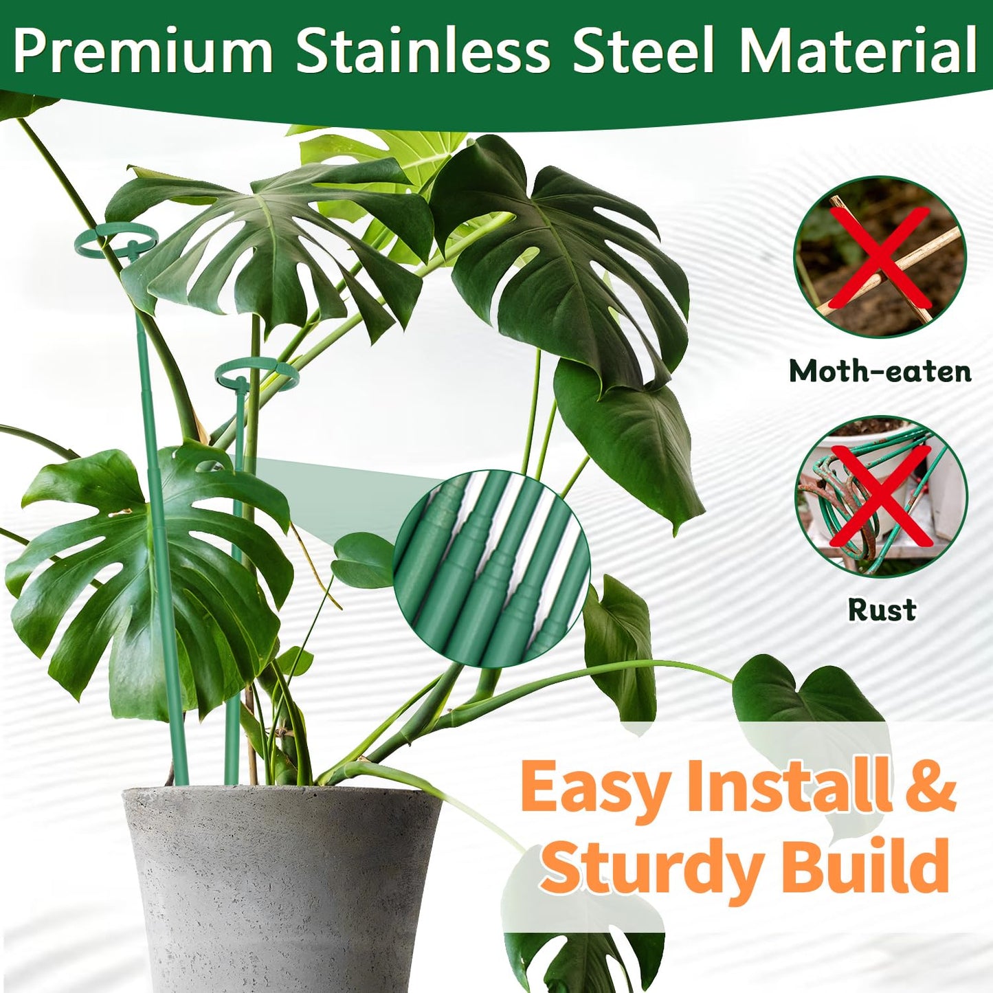 Telescoping Monstera Plant Support Stakes, 12.5IN to 48.4IN Adjustable Length, Extendable Plant Stakes for Indoor Plants, Premium Stainless Steel Material Plants Sticks for Orchids, Tomatoes- 5Pack