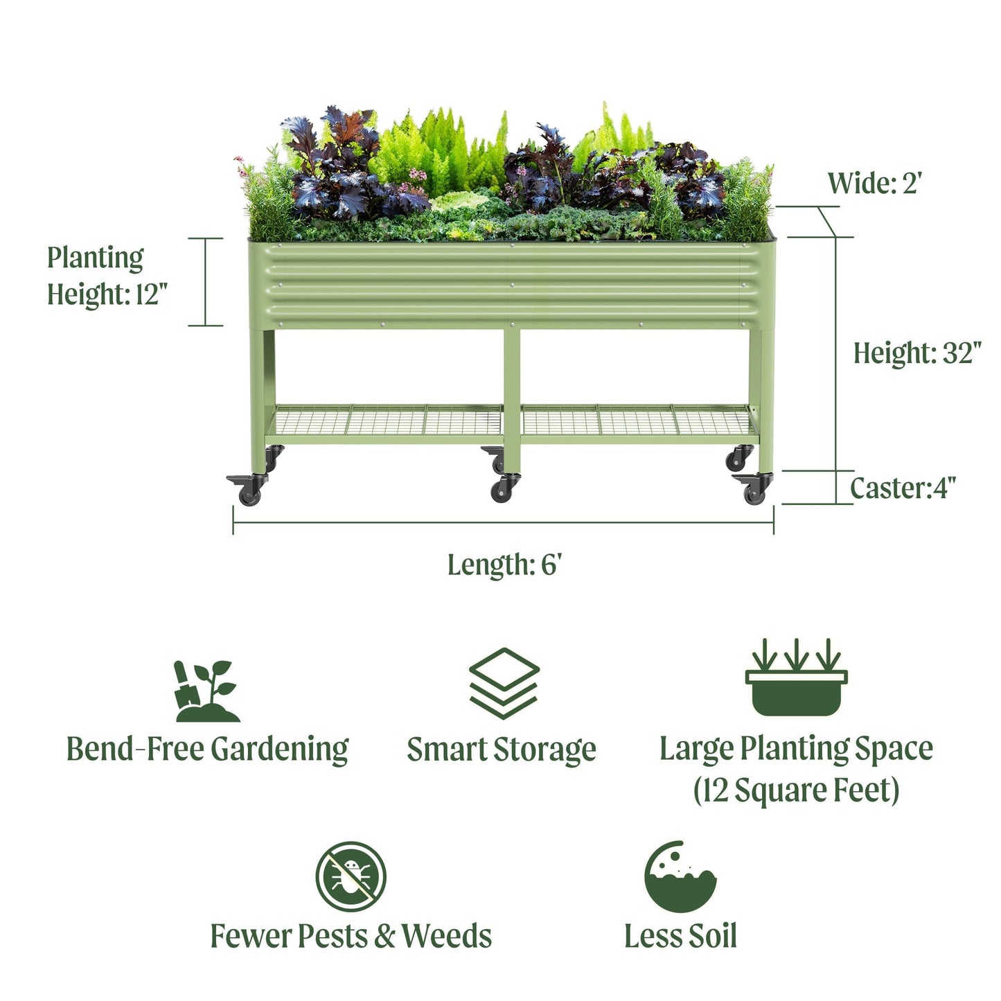 Rolling Elevated Raised Garden Bed-V Series, 2' x 6' Garden Beds with Legs & Storage Rack for Patio & Porch, 1000 Lbs Weight Capacity, Outdoor Planter Box for Vegetables Flower Herbs, Modern Gray
