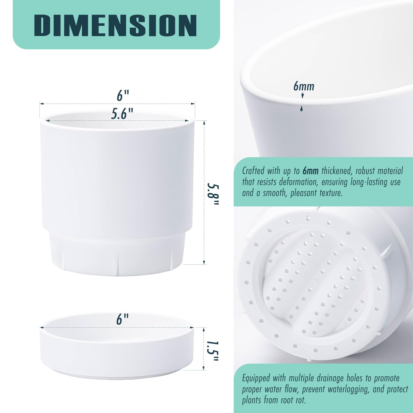 6 Inch Modern Plastic Round Pots for Indoor Houseplants and Herbs, Pack of 3 Planter Pot with Drainage Hole & Saucer, Deep Water Catch Tray, Straight Cylindrical Pot for Plants, Matte White, 23-D-S-1