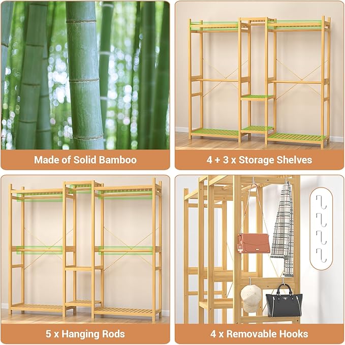 Homykic Bamboo Closet System Clothes Rack, Large Freestanding Garment Rack