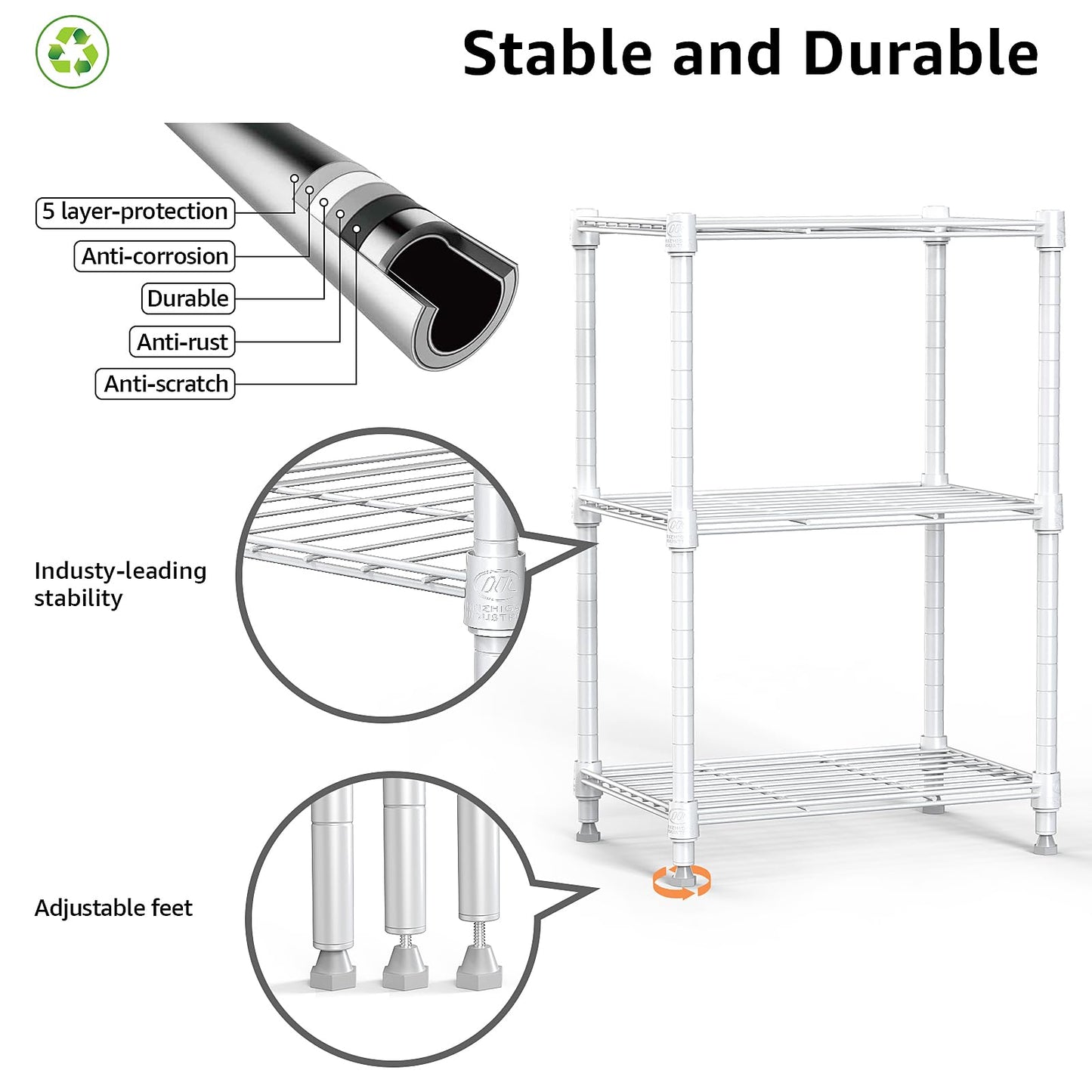 M MZG 450 lbs Wire Storage Shelving 3-Tier Utility Shelving Unit Steel Organizer Wire Rack for Home,Kitchen,Office,White (11.8" D x 17.7" W x 26.4" H)