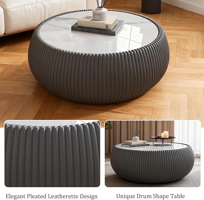 SSLine Round Drum Coffee Table Modern Sintered Stone Top Coffee Table in Grey