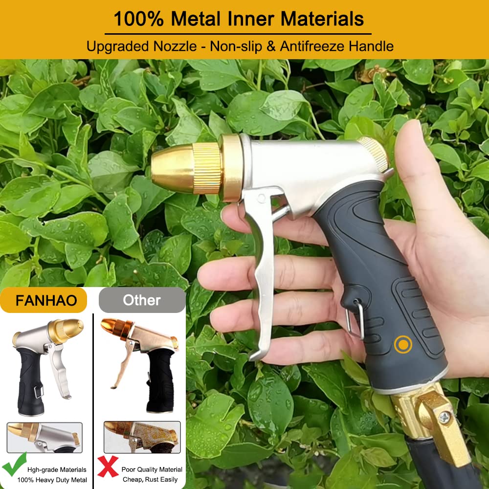 FANHAO Garden Hose Nozzle, 100% Heavy Duty Metal Spray Nozzle High Pressure Water Nozzle with 4 Patterns for Watering Garden, Washing Cars and Showering Pets - Full Brass Nozzle & Non-Slip Grip