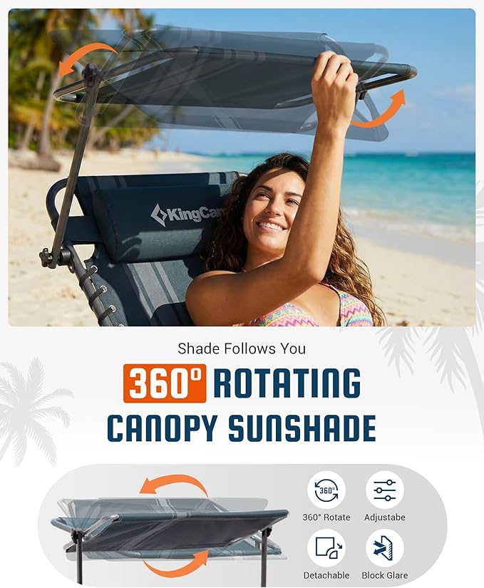 KingCamp Lounge Chair with face Hole & Canopy Shade, 400LBS Folding Portable