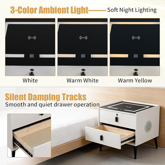 Smart Nightstand with Charging Station, Adjustable LED, USB Ports, Fingerprint