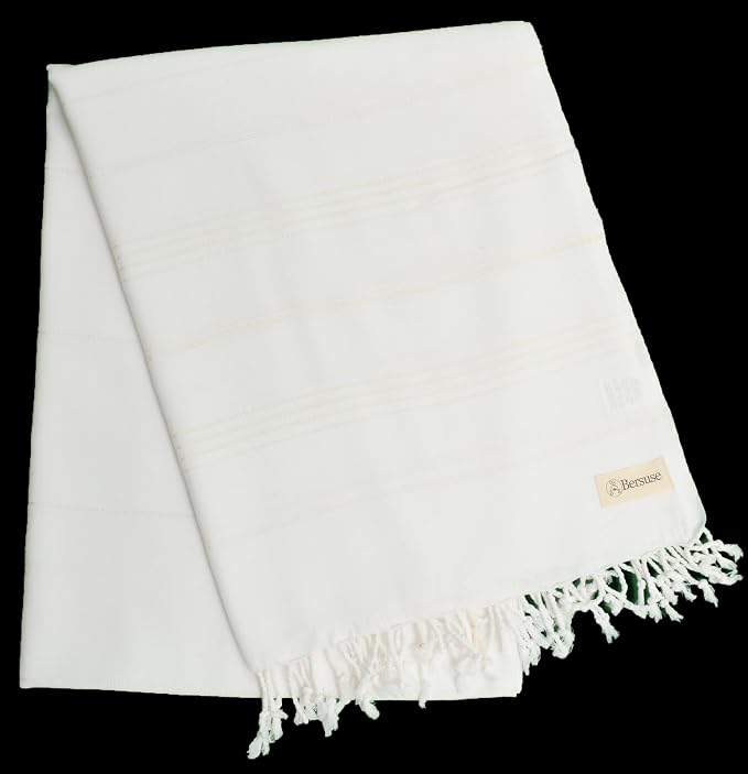 Bersuse Towels Anatolia XL Beach Blanket Throw Blanket Turkish Towel 100% Cotton Extra-Large Quick-Dry Lightweight Premium Peshtemal Towel - 61x82 Inches, White