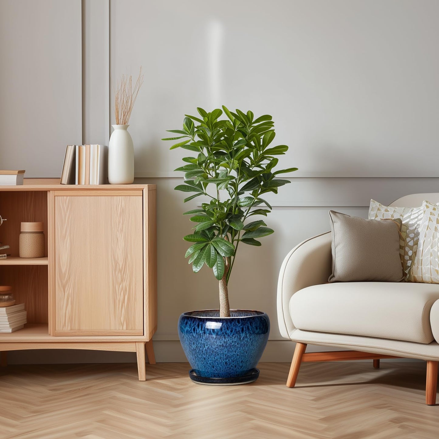 Thirtypot 10 Inch Plant Pot - Ceramic Planter with Drainage Hole and Plant Saucer, Round Planter Indoor Outdoor, Modern Planters, Large Flower Pot, Home Room Office Decor, Housewarming Gifts, Blue