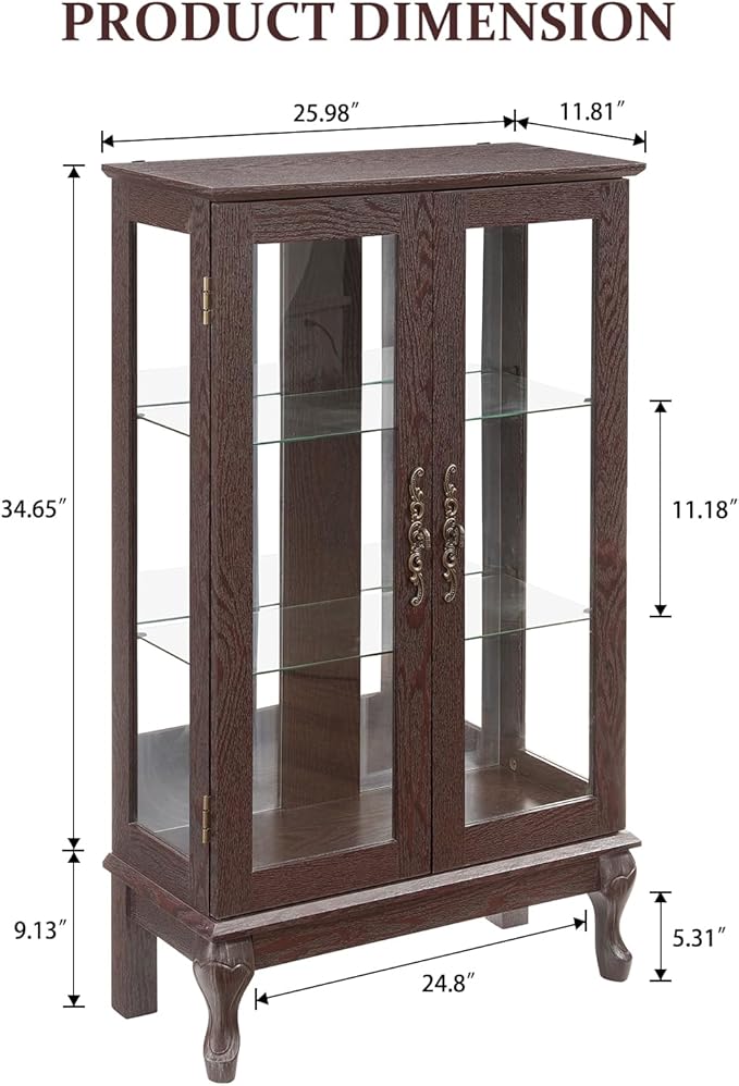 Curio Cabinet with Lighted Display, Glass Display with Mirrored Back, Vintage