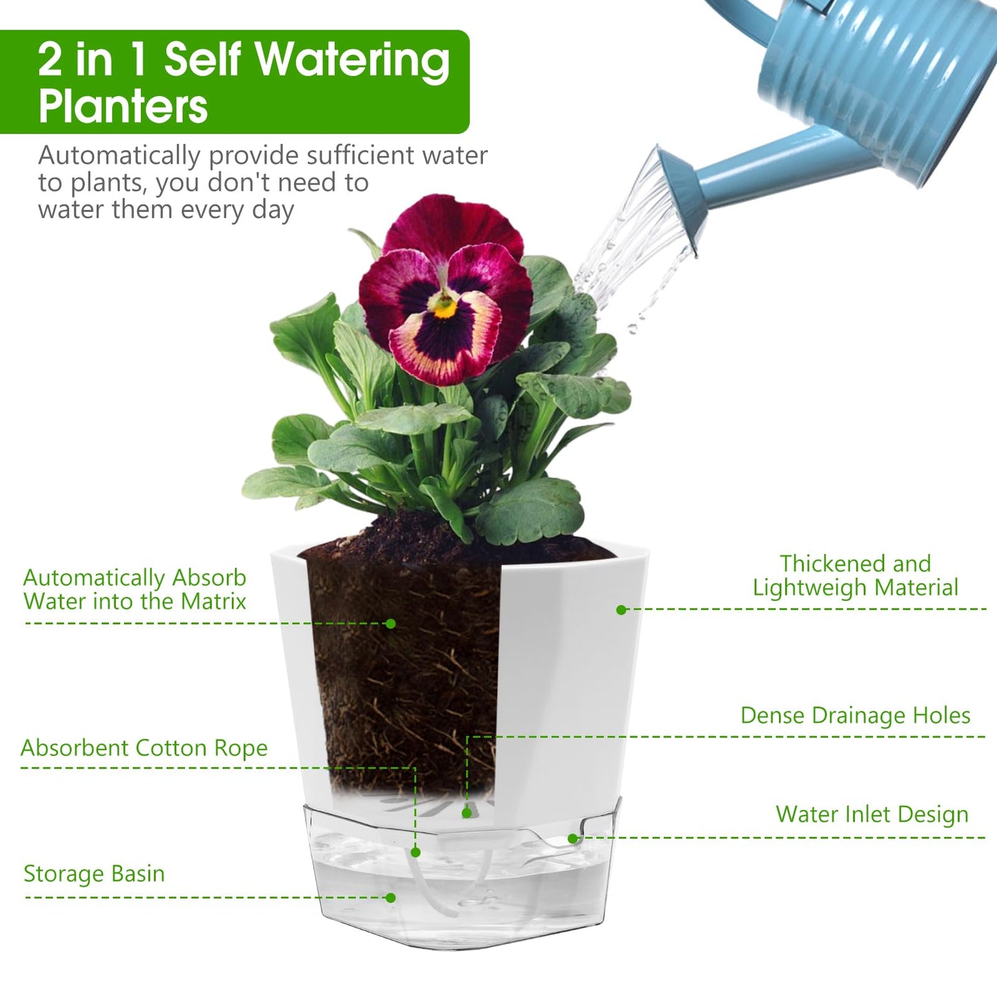 TekkPerry 6 Pack Self Watering Plant Pot, 6.6/5 Inch Plastic Self Watering Pots for Indoor Outdoor Plants African Violet Pots Easy Plant Self Watering Pot with Wick Rope for Plants Flowers