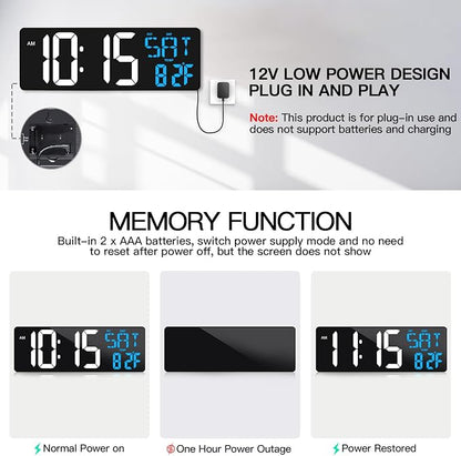 17 Inch Large Digital Wall Clock with Remote Control, Automatic Brightness Dimmer Digital Wall Clock Large Display with Day/Date/Temperature, Snooze, Count Up & Down Timer for Living Room, Office, Gym