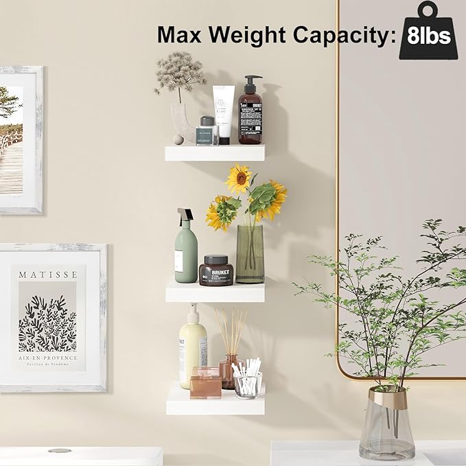 Fixwal 8inch Floating Shelves for Wall, Small White Shelves Wall Mounted Shelf