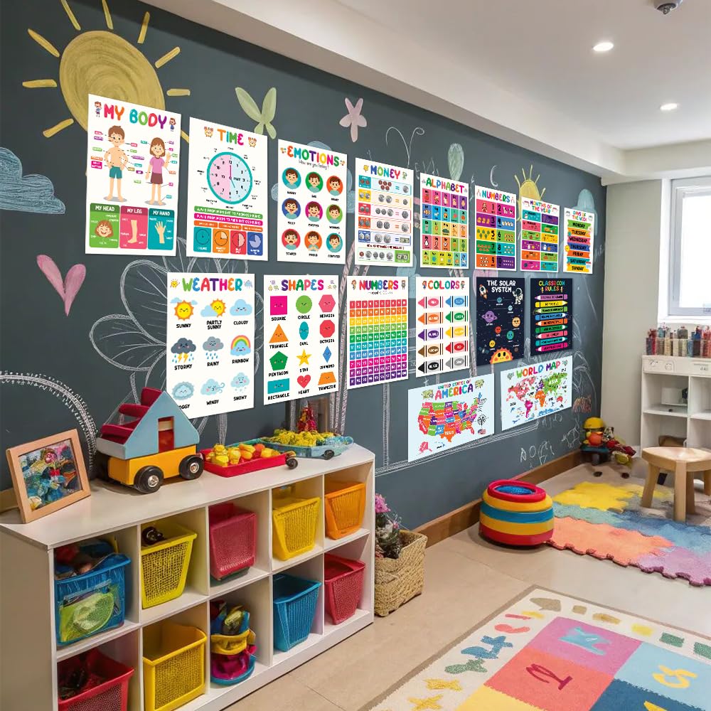 16pcs Colorful Educational Posters for 5-7 Toddlers, LAMINATED Math, Classroom Posters Preschool, Elementary Preschool, Toddler Learning Print, Preschool Posters for Toddlers, Learning Wall Prints