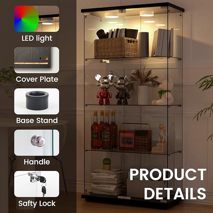 Display Cabinet with Light, Glass Door and Lock, 4-Shelf Fast Installation in