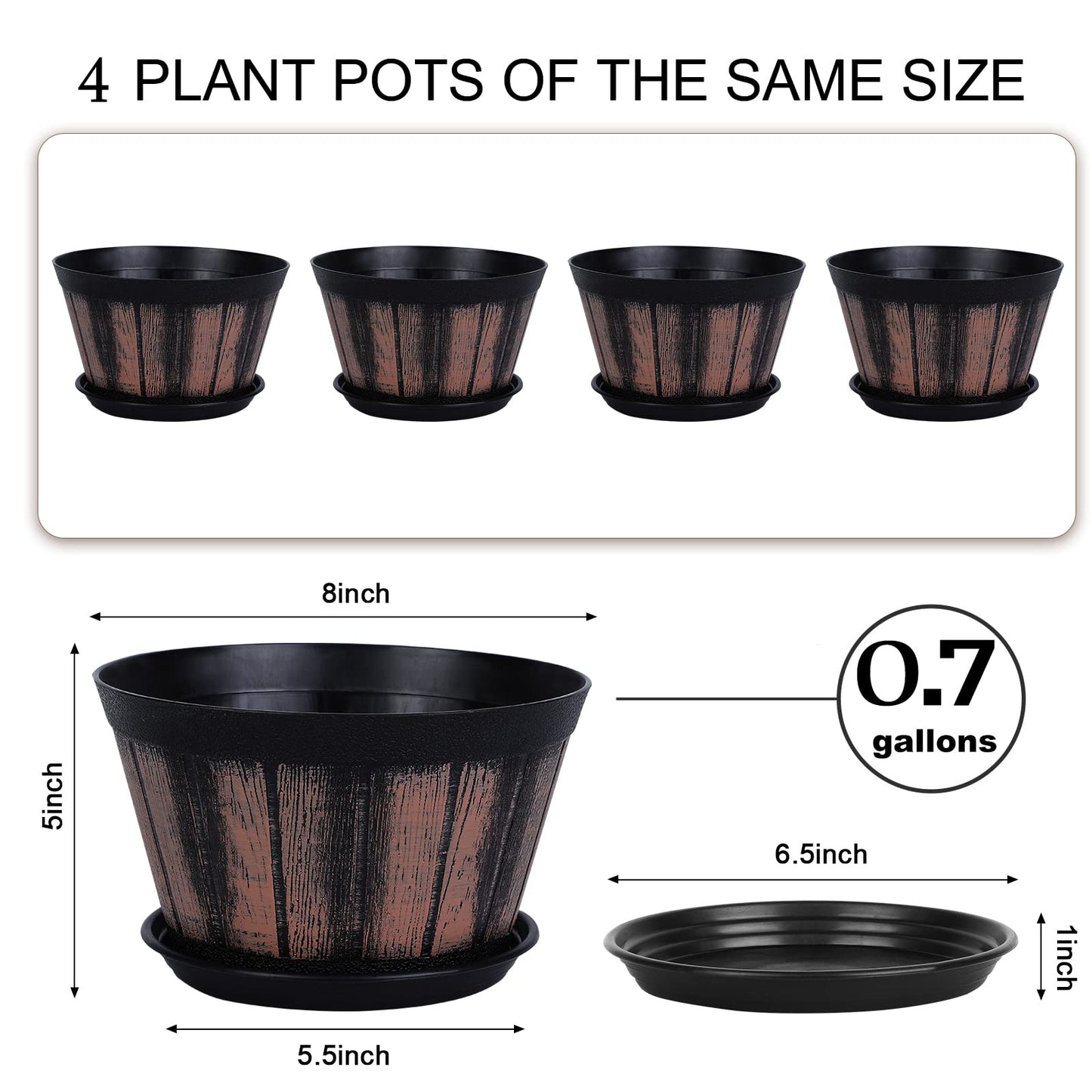 Quarut 8 inch Brown Plastic Whiskey Barrel Plant Pots Set of 4 with Drainage Holes and Saucer for Indoor and Outdoor Garden Home Plants