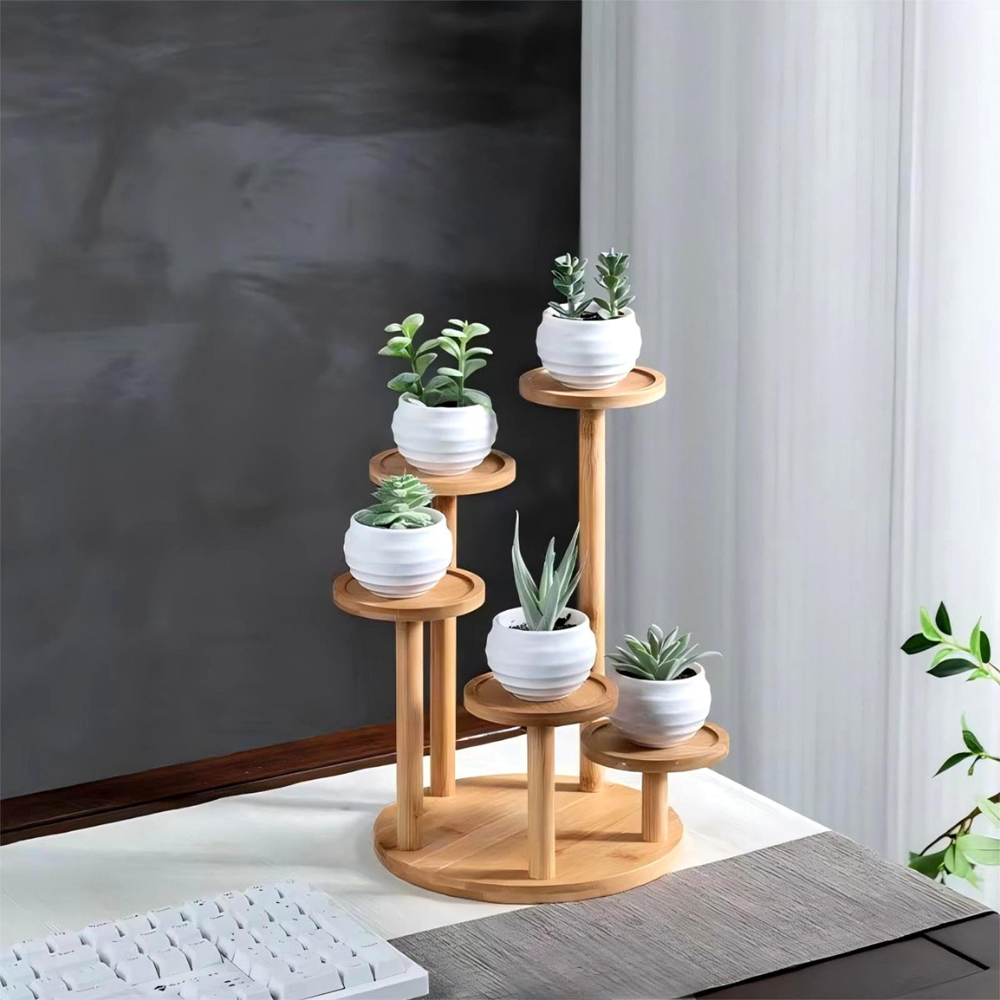 SRTFINE 5 Tiered Desk Plant Stand Round Bamboo Plant Shelf Tabletop Succulent Herb Stand Desktop Plant Stand Indoor Plant Rack for in Living Room Office Decoration - Small