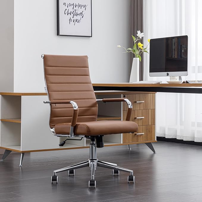 Home Office Chair Ribbed, Modern Leather Conference Waiting Room Chairs