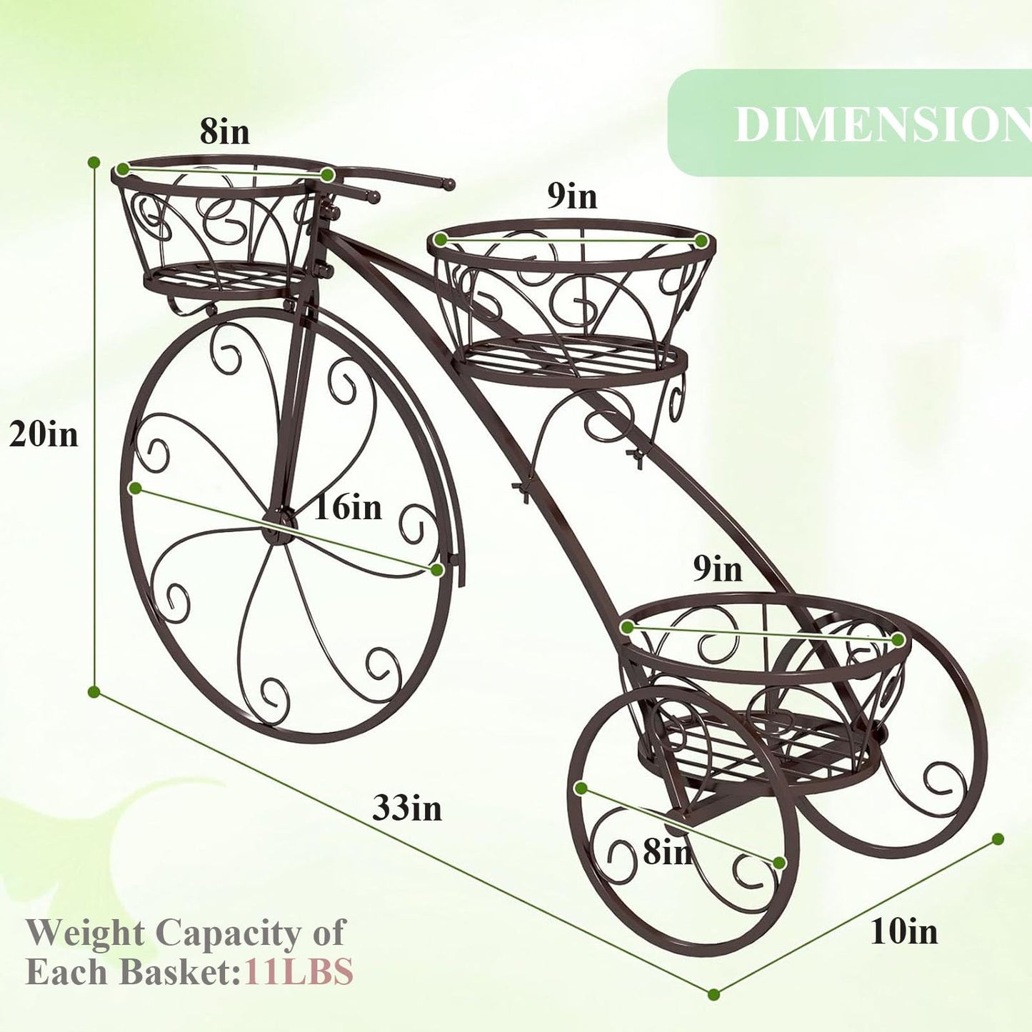 Metal Bicycle Plant Stand,3-Tier Tricycle Planter with Hollowed Baskets,Flower Display Stand Cart with 3 Decorative Wheels,Tricycle Plant Stand for Outdoor Indoor Home Balcony Backyard(Bronze)