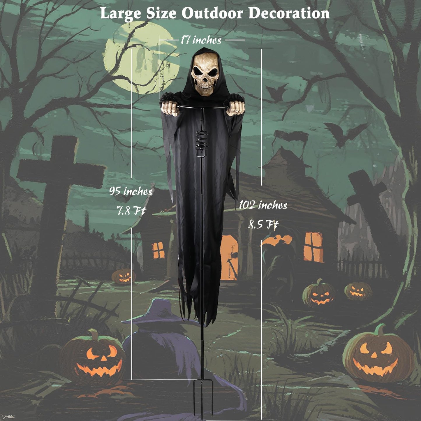 LarpGears Outdoor Halloween Skeleton Decorations, 7.8Ft Flying Rotated Skull Reaper Ghost Scarecrow Decorations for Garden, Porch, Yard