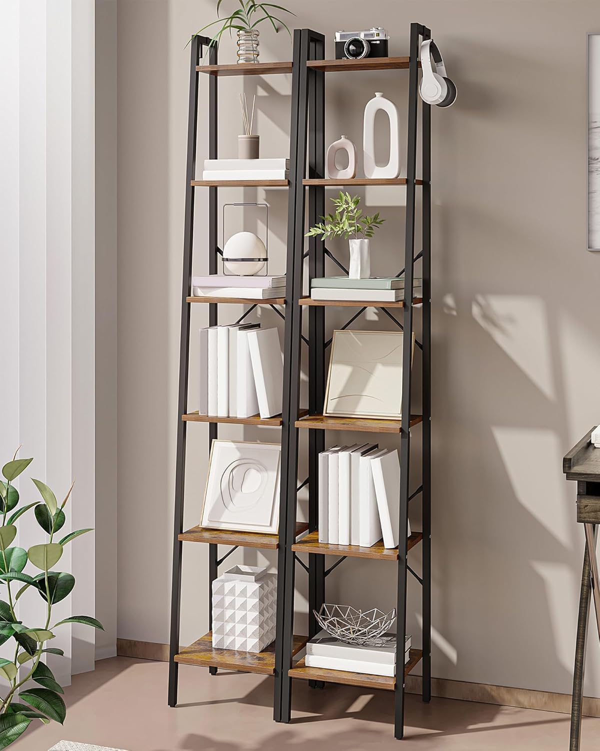 Hzuaneri Ladder Shelf, Bookshelf Bookcase, Freestanding Corner Storage Shelve with 2 Hooks for Home Office, Living Room, Kitchen, Bedroom, Industrial, 11.8"D x 13.4"W x 72.8"H, Rustic Brown BC13301B