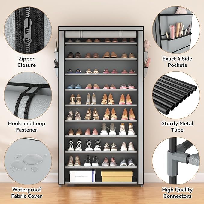 ROJASOP Shoe Rack with Covers, Stackable 10 Tier Tall Shoe Shelf Storage 50-55