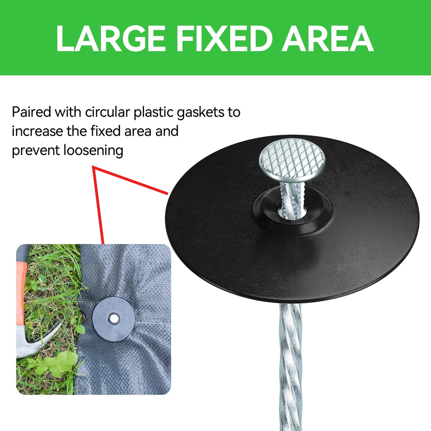 EISENSP 8 Inch Heavy Duty Landscape Stakes with Gasket Caps - 50 Sets Galvanized Spiral Garden Landscape Stakes Kit for Securing Weed Barrier Fabric, Artificial Turf, Tent and More