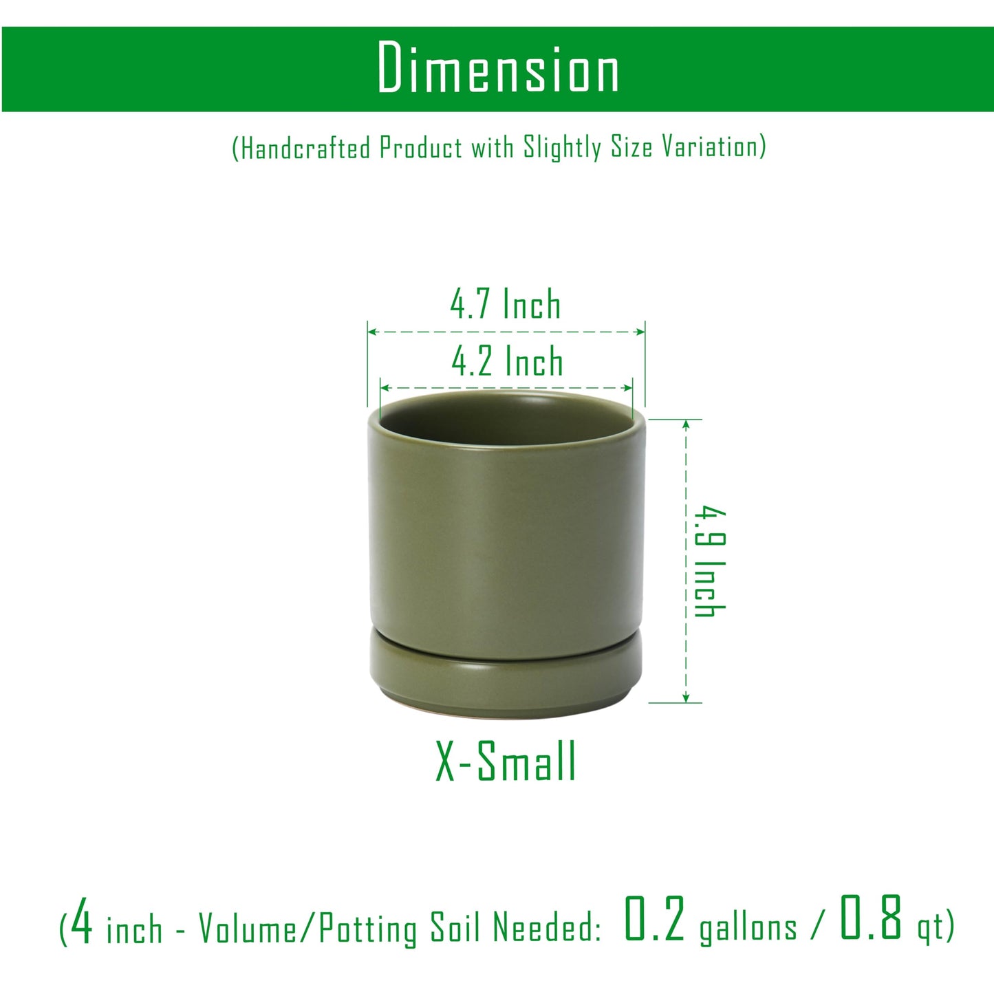 D'vine Dev Set of 4 Small Ceramic Plant Pots, 4.7 Inch Succulent Planter Pot for Plants with Drainage Hole and Saucer, Olive, 94-X-B-0