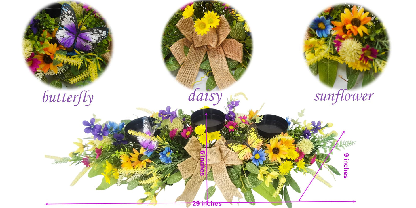 Svndlyn Candle Holders Spring Summer Centerpiece,3 Wick Candle Holder with Daisy and Sunflowers, Perfect for Spring Decor,Easter Centerpiece Table Decor,Indoor Home Decor,Desktop Decor