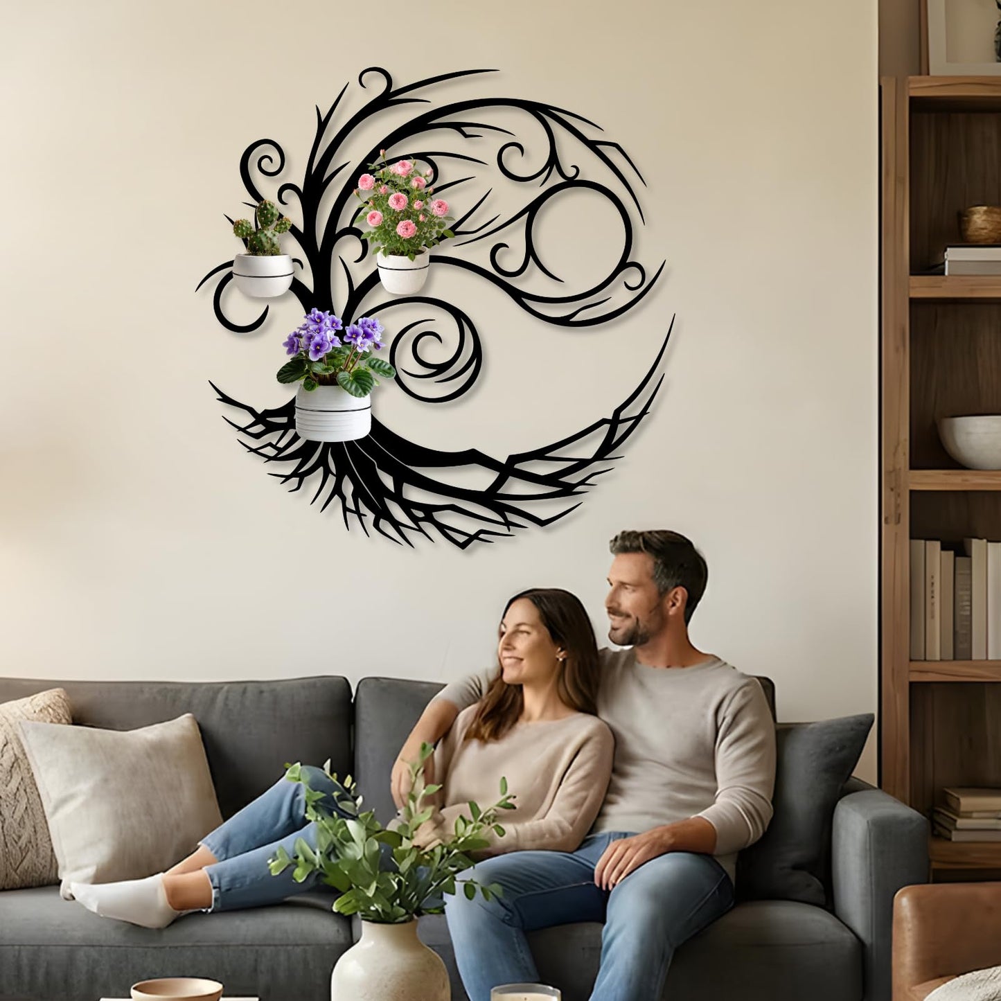 Tree of Life Metal Plant Wall Holders, Metal Tree Wall Mounted Plant Holder, Branch Hanging Planters for Living Room, Kitchen, Fireplace (Black, 35"x 35"| 90x90cm, 3 Pack 5" Flower Pot Holder Ring)