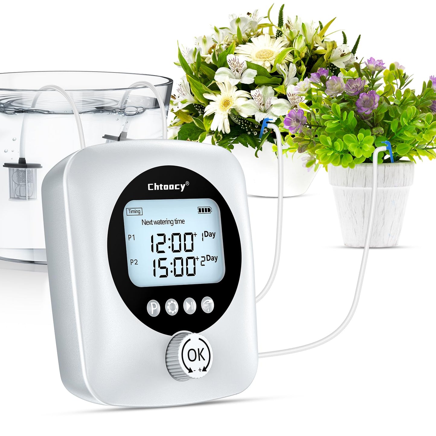 Chtoocy Automatic Plant Waterer for 30 Potted Plants - 98FT Dual Pumps Automatic Watering System, Vacation Self Watering Drip Irrigation System & Plant Watering Device with Programmable Water Timer